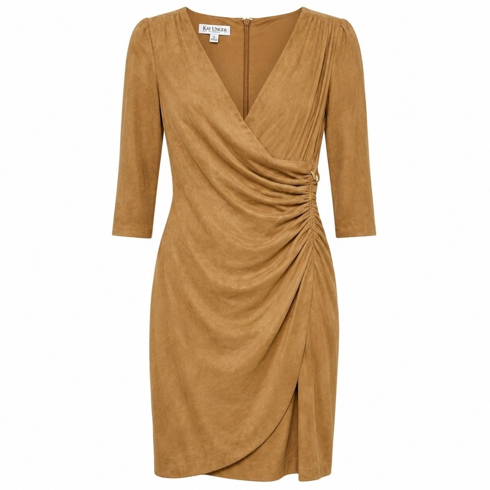 Kay Unger Quiet Luxury Faux Suede Ruched Sheath Dress Womens Size 8 Old Money